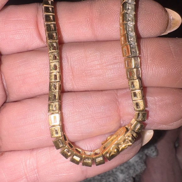 VTG Sterling Silver 925  14kt Gold Plated Princess Cut CZ Tennis Bracelet 8 In - Picture 6 of 12